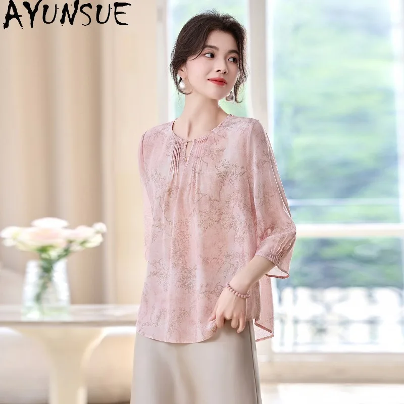 

AYUNSUE 100% Silk Pullover Blouses for Woman Elegant O-neck Tops for Woman Retro Printed Shirt Woman Clothes Spring Summer 블라우스