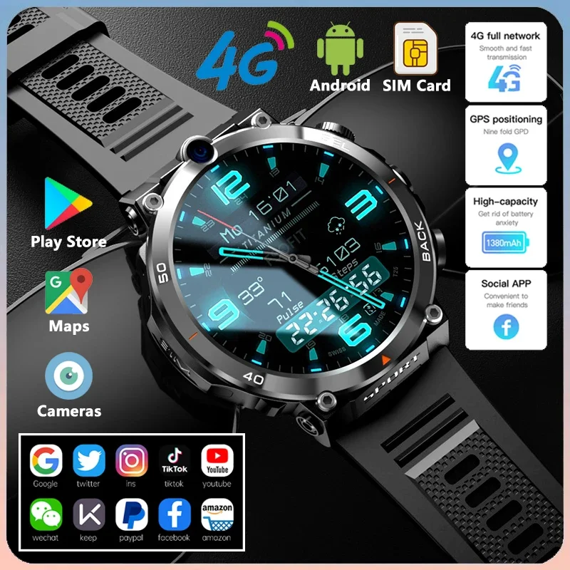 

Smart Watch 4G Network SIM Card Dual Camera GPS 1.39-inch Bluetooth Wifi NFC Call Google Play IP67 Android Men Women Smartwatch