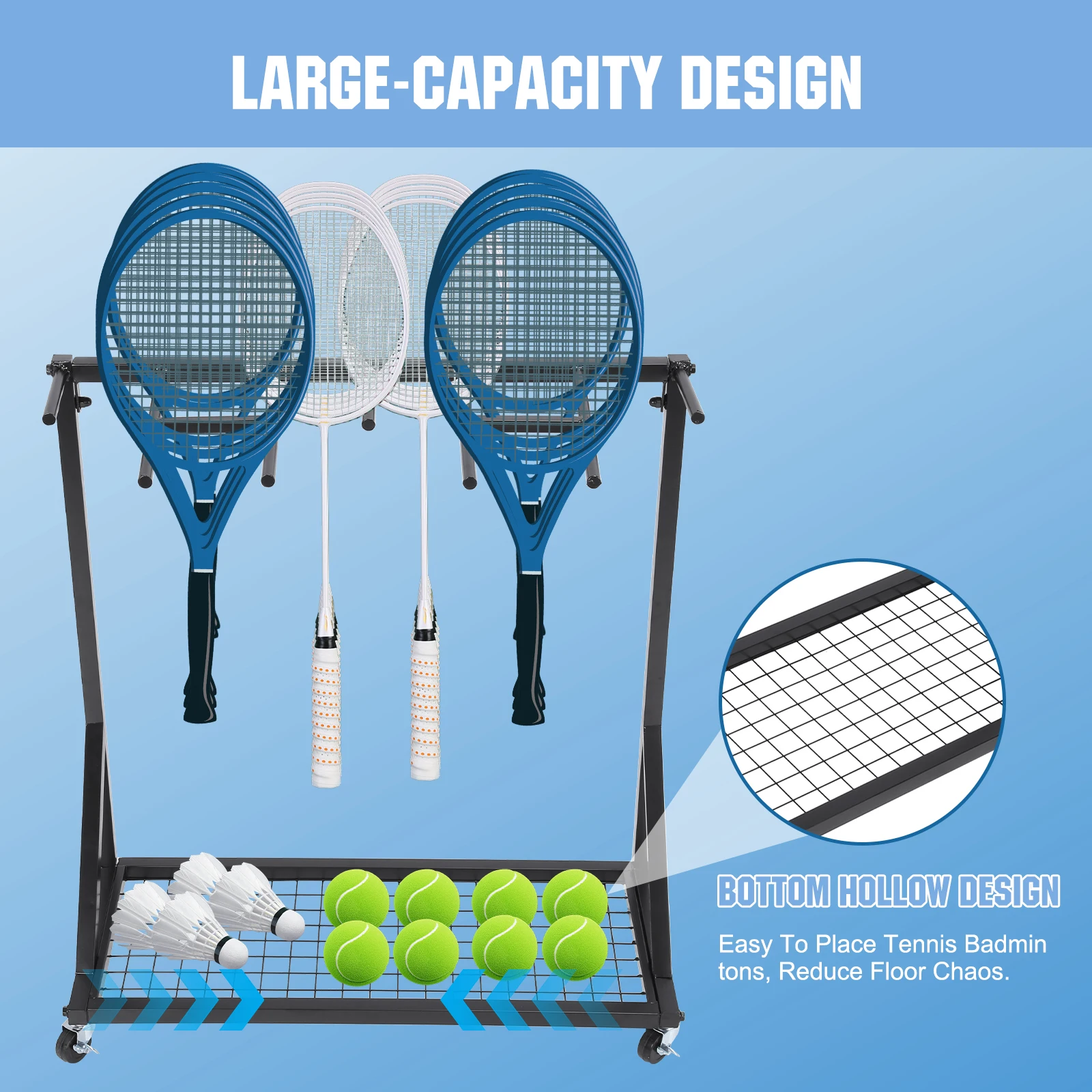

Sports Racquet Storage Organizer Rack with Wheels Rolling Heavy Duty Tennis Balls Holder for School/Gym/Training Ground