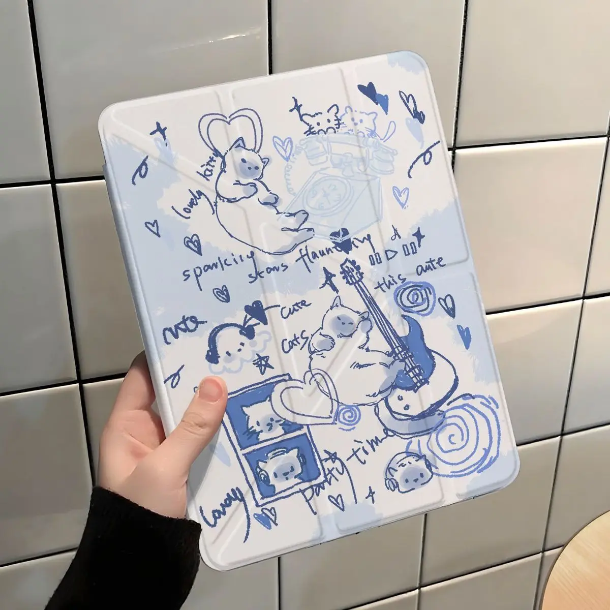 Korean Kawaii Blue Guitar Cat For iPad Pro Air 13 11 M5 M4 M3 M2 2 1 11th A16 12.9