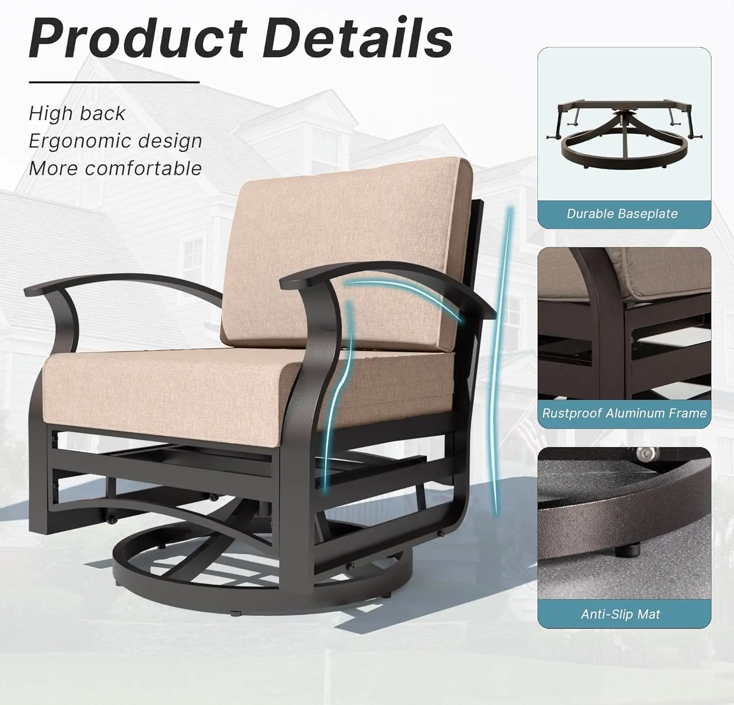 Patio Furniture Set, Outdoor Aluminum Swivel Gliders Rocker, Rocking Chair with Glass Side Table and Thickened Cushions