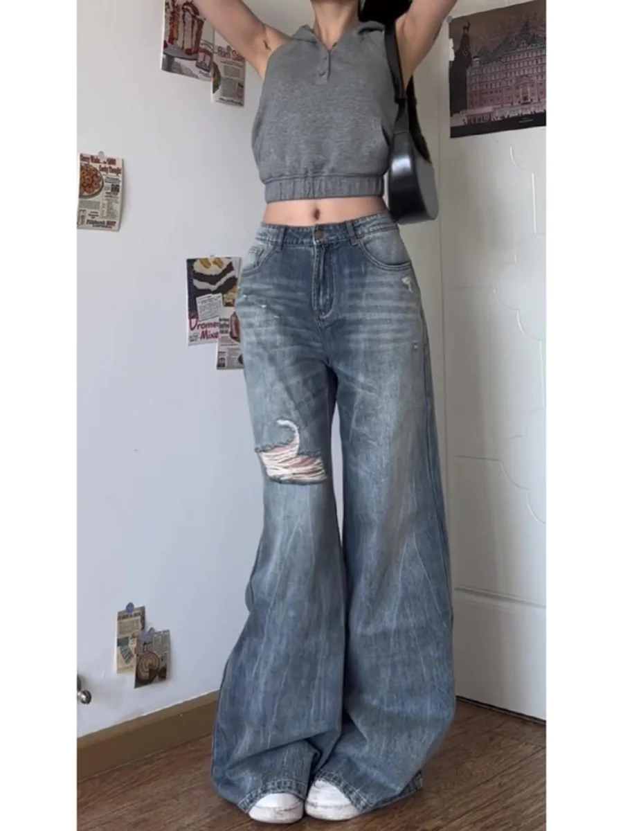 

Американские рваные джинсы женские летние дизайнерские тонкие прямые брюки с высокой талией, широкие длинные брюки синего цвета с талией