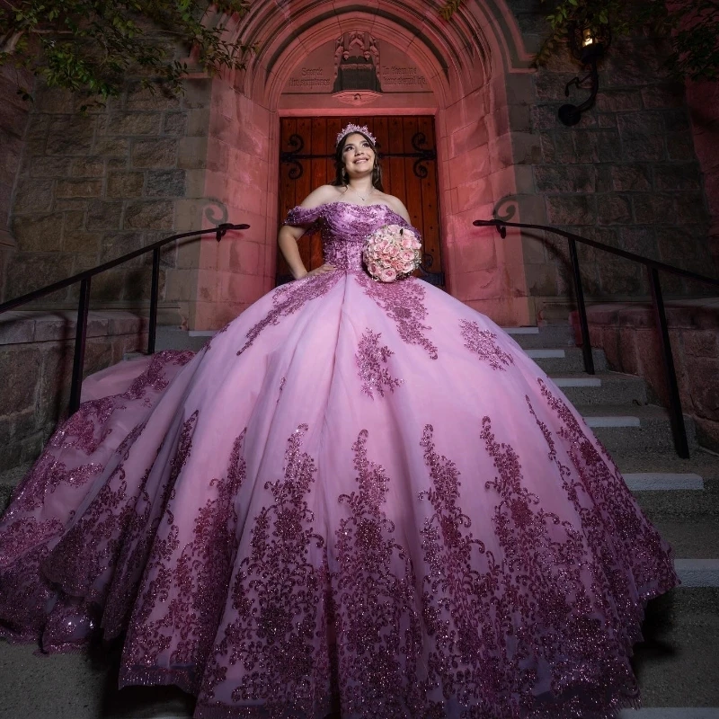 

Pink Off The Shoulder Sequined Appliques Lace Ball Gown Quinceanera Dresses Pearls Beading Bow Corset Vestidos De 15 Anos