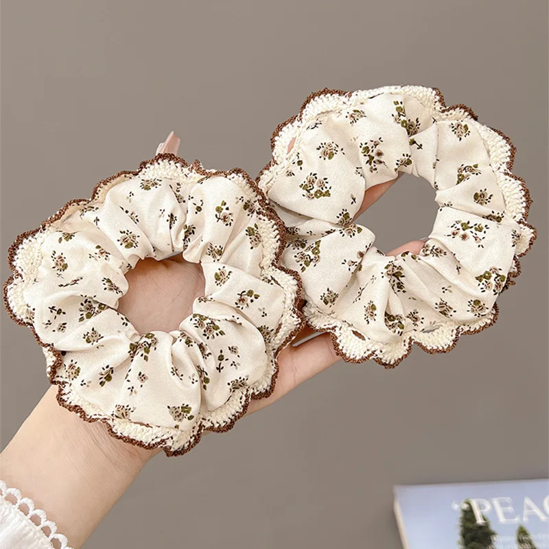 Borda de renda floral impressa plissada tamanho grande scrunchies alta estiramento durável cordas de cabelo vintage banda laços delicados acessórios de cabeça
