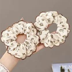 Floral Lace Edge Printed Pleated Large Size Scrunchies High Stretch Durable Hair Ropes Vintage Band Ties Dainty Head Accessories
