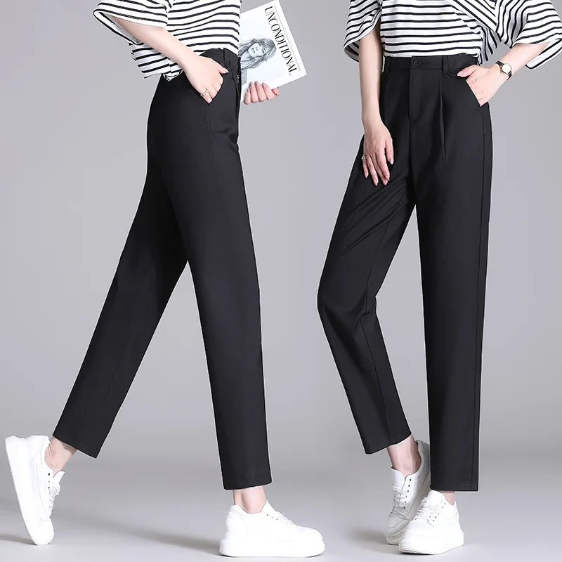 Pantalon de costume sarouel taille haute pour femmes, ample, droit, élégant, pour le bureau, vert, noir, blanc, été