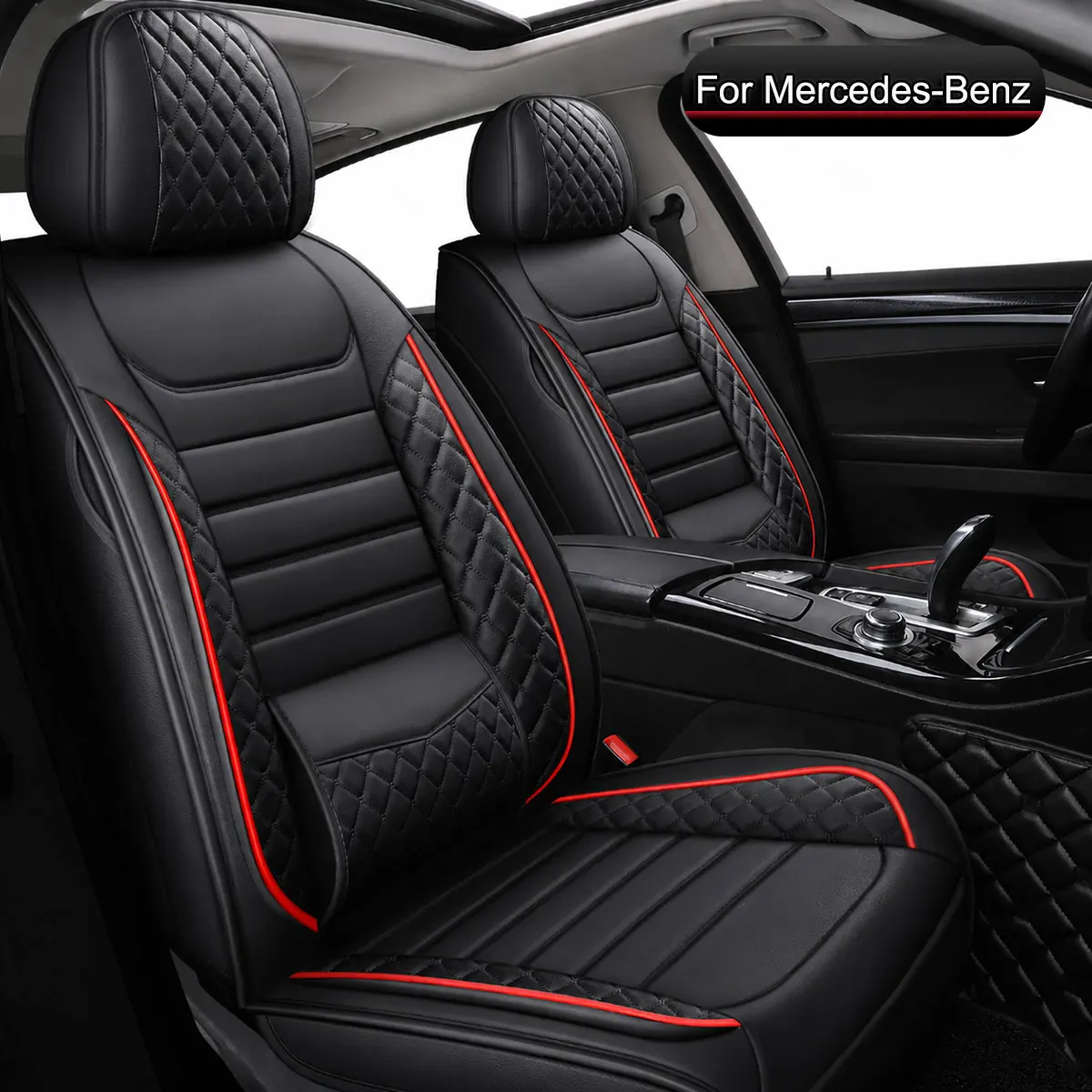 Set completo coprisedili auto, per Benz C-Class, E-Class, A-Class, GLC, GLA, GLE, GLB, Pelle PU, Per veicoli 5 posti, Impermeabile, Resistente, Protezione 4 stagioni, Compatibile con airbag, Supporto