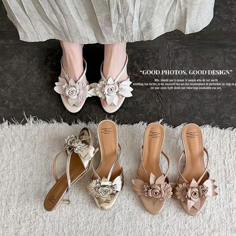 2026 new summer women sandals natural leather 22-25cm soft sheepskin+pigskin+cowhide flower mules high heel women slippers