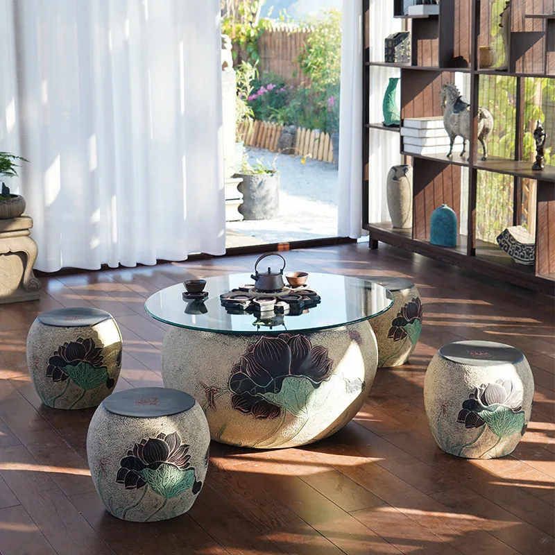 New Chinese clubhouse round table stool coffee table combination, simple and modern, study living room, zen furniture
