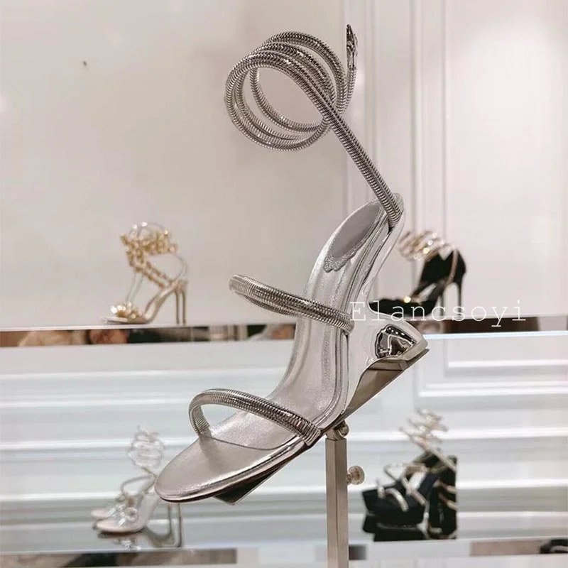 Ladies' Genuine Leather Narrow Band Solid Color Sandals Snake Shaped Elastic Band Gladiator Sandalias Summer Party Dress Shoes