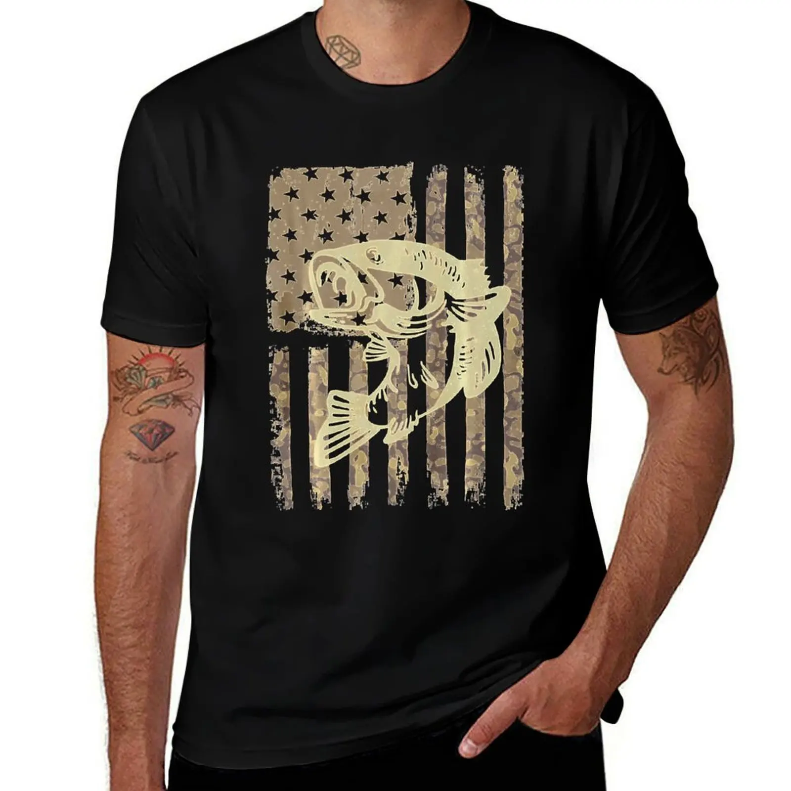 Camouflage USA Flag Big Mouth Bass Fishing T-Shirt Moisture Wicking Quick Dry Tee T-Shirt