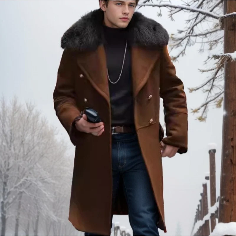 【Multi-color in stock】Upgraded Version Casual Woolen Coat Solid Color Slim-Fit Double-Breasted Men's Coat Fur Collar