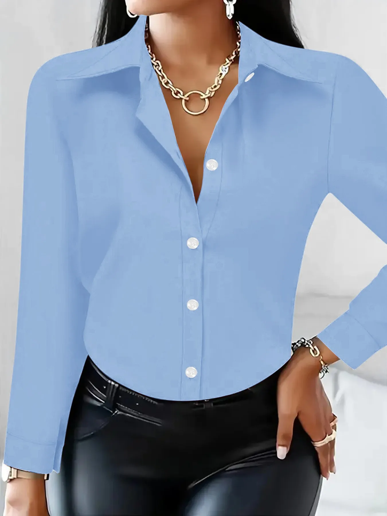 

Summer Women's Clothing Long Sleeve Solid Blouse Elegant Casual Office Wear For Woman Loose Fit Polyester Button Down Shirt