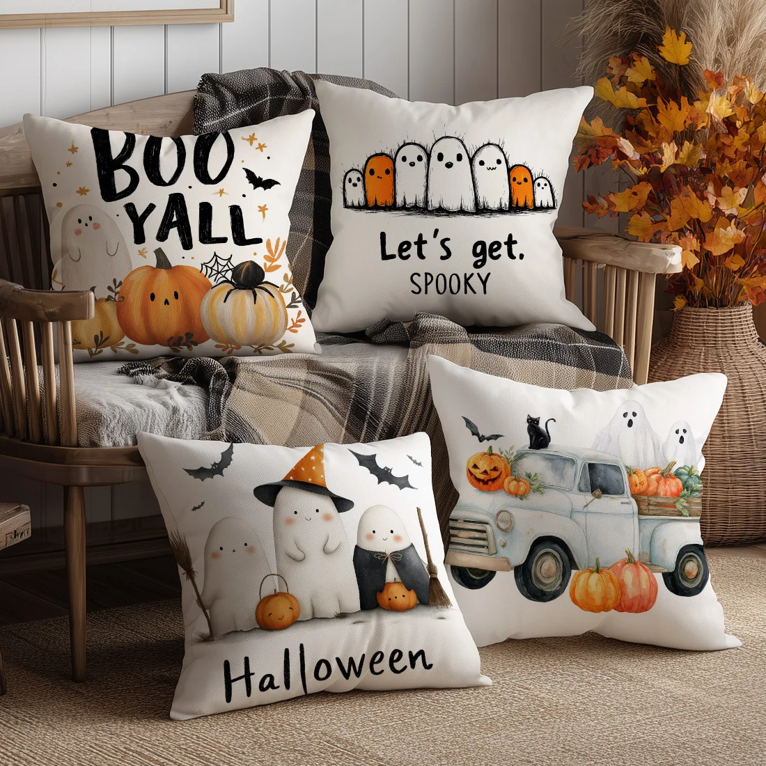 

4 шт., декоративная наволочка на Хэллоуин, тыква, призрак, узор, подходит для дивана, спальни, гостиной, без подушки