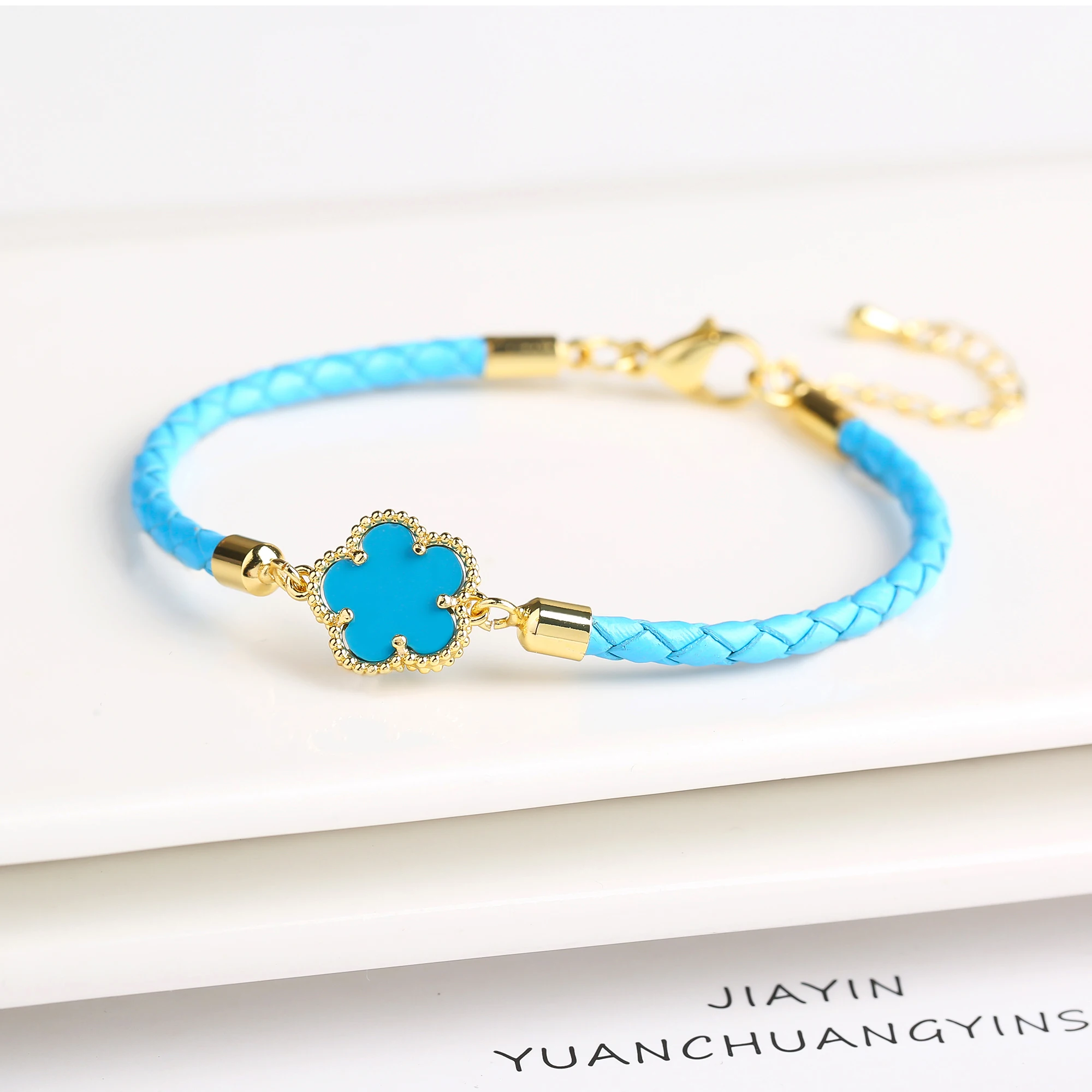 Classic Genuine Leather Woven Natural Stone Flower Charm Bracelet