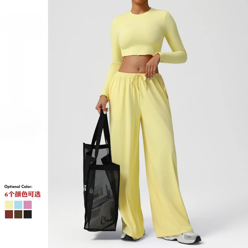 

Модный женский спортивный костюм, тонкий укороченный топ для йоги с длинными рукавами и высокой талией, свободные спортивные штаны, спортивный комплект из 2 предметов, костюм для фитнеса и спортзала