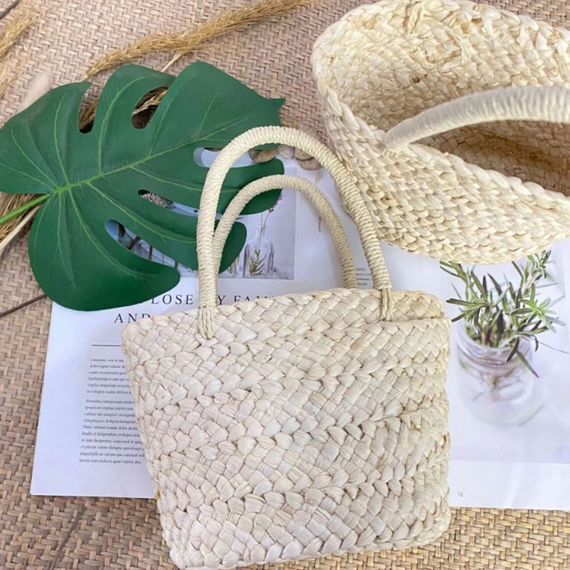 Summer Handmade Small Woven Bag Corn Husk Handbag Basket Straw Rattan Bag Parent-Child Children Straw Rattan Purse