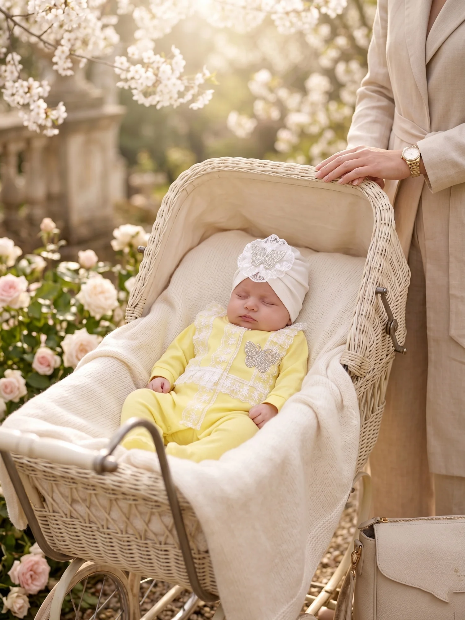 Low Saturation Warm Yellow 3D Rhinestone Butterfly Lace Footed Baby Onesie Matching Lace Hat Newborn Clothes Set
