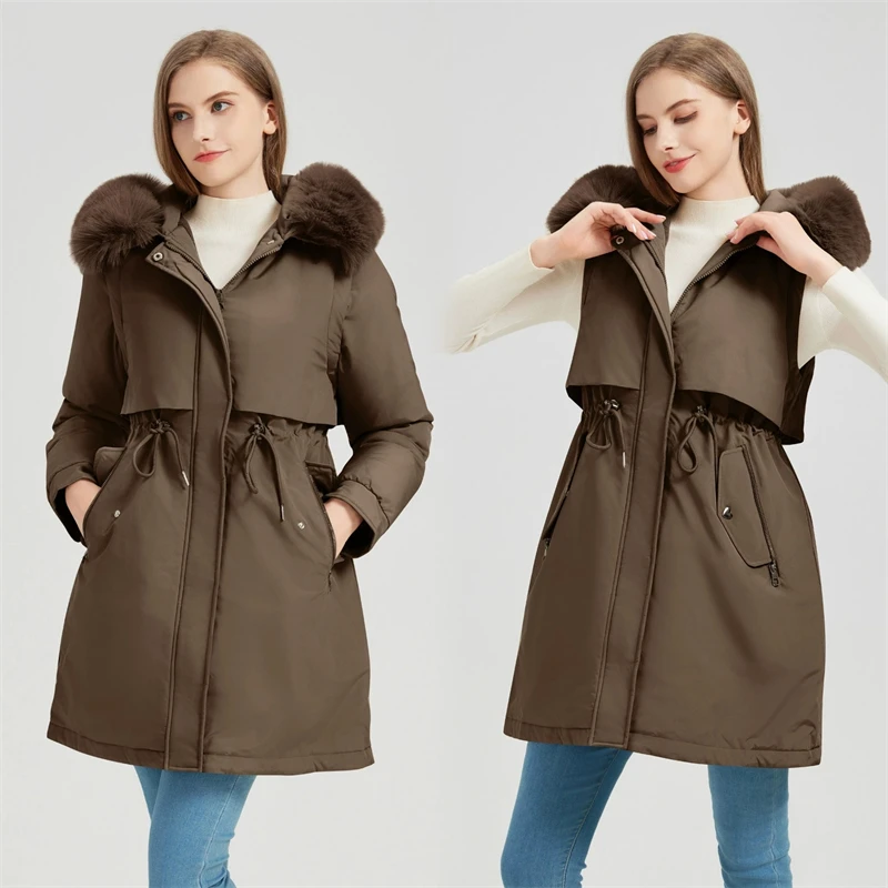 Jaket Parka Wanita Berkerah Bulu dengan Tudung, Panjang Sedang, Berlapis Kapas, Lengan Dapat Dilepas, Lapisan Beludru Tebal, Mantel Musim Dingin, Pakaian Luar Wanita