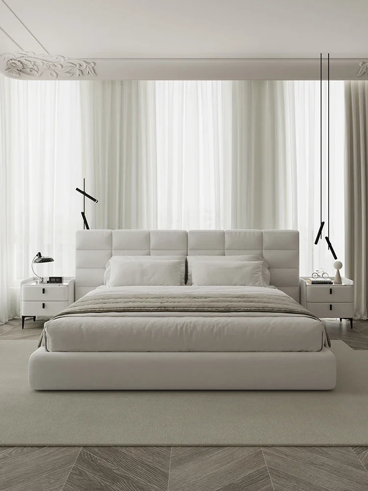 

Lawrence fabric bed French cream style wide screen large headboard soft pack double bed beech wood