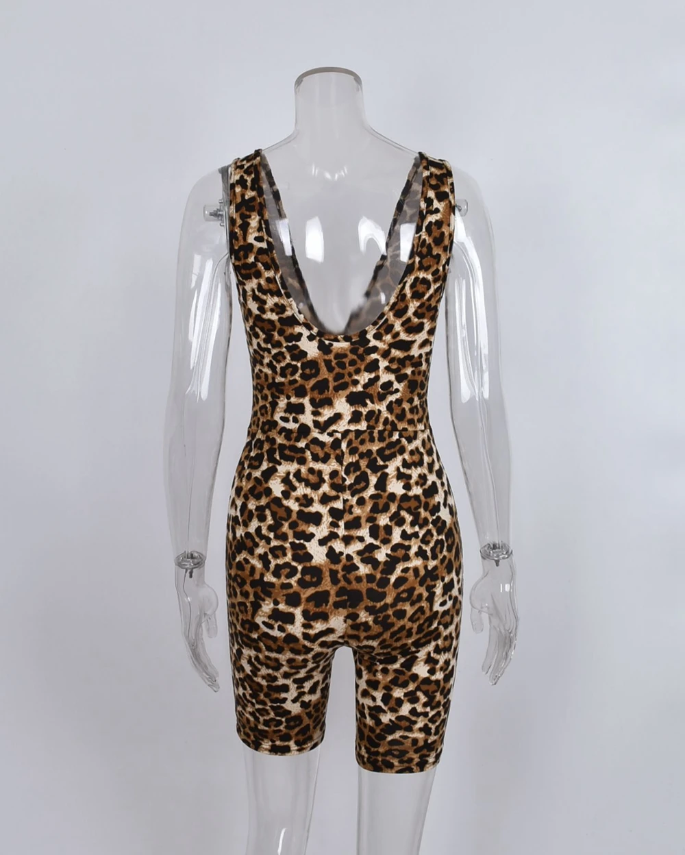 Bodysuit sem mangas leopardo gola V feminino, shorts apertados de uma peça, macacão sexy, roupas esportivas, colete de verão