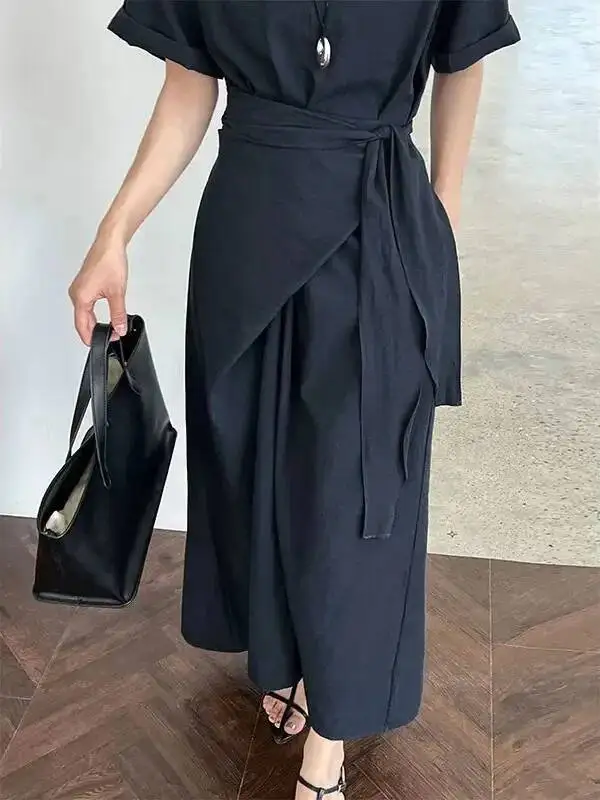 عبر التعادل قصيرة الأكمام فستان طويل الصيف الخصر التخسيس ألف خط تي شيرت فستان عادية الكورية فساتين النساء 2025 جديد 3EEA