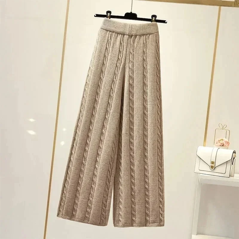 Winter Knitted Wide Leg Pants Women High Waist Drop Loose Knitted Straight Leg Pants Casual Cropped Wide Leg Pants Female Tops