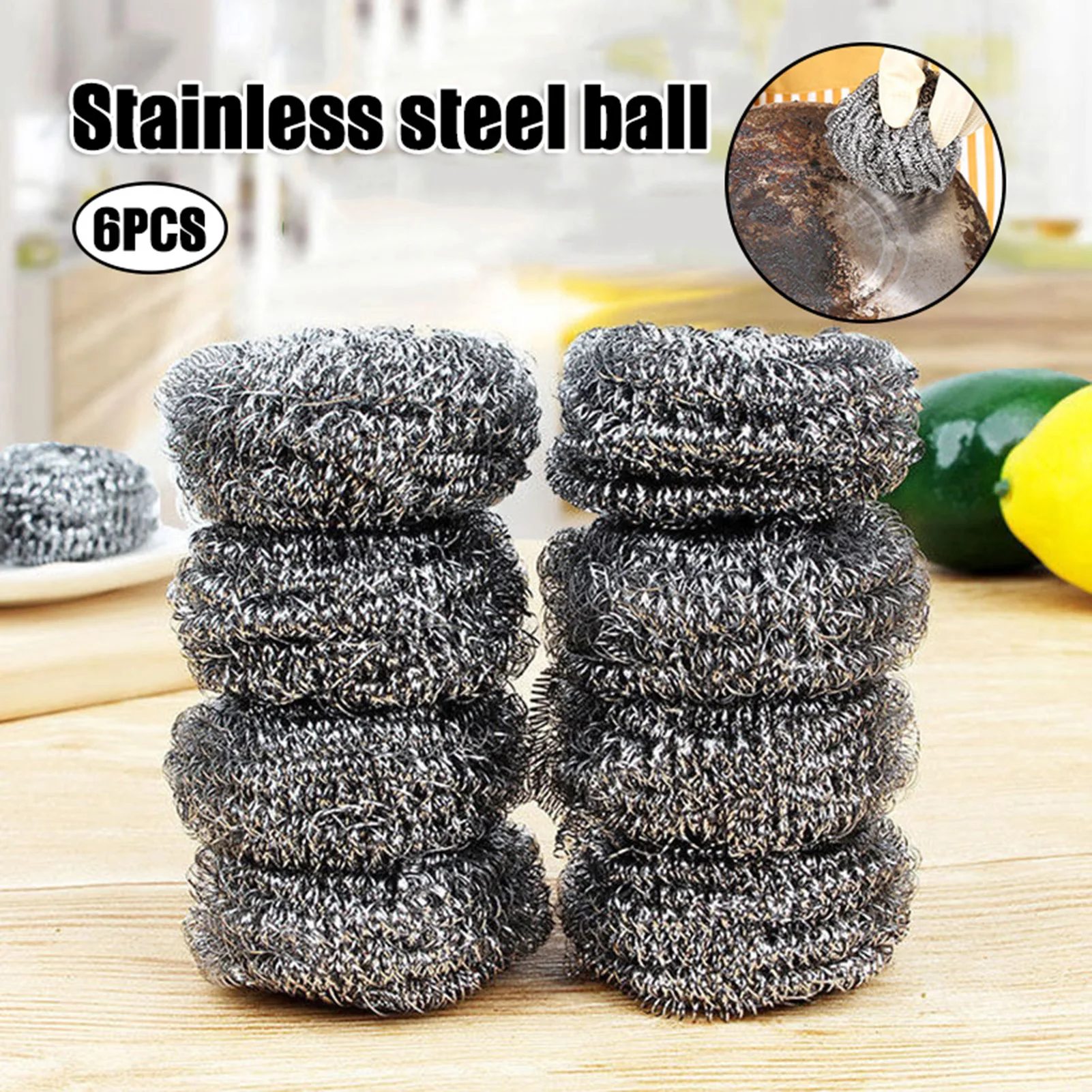 6pcs Steel Wire Ball Stainless Steel Scrubbers Kitchen Scrubbing Scouring Pad Dishwashing Steel Scrubber for Pot Rust Removal