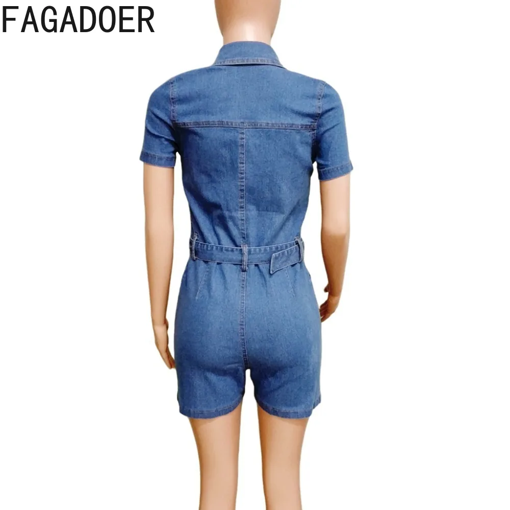 FAGADOER Quality Blue Denim Jumpsuit 2024 Rompers Short Sleeve Single Breasted Belted Casual Jumpsuits for Women Street Office