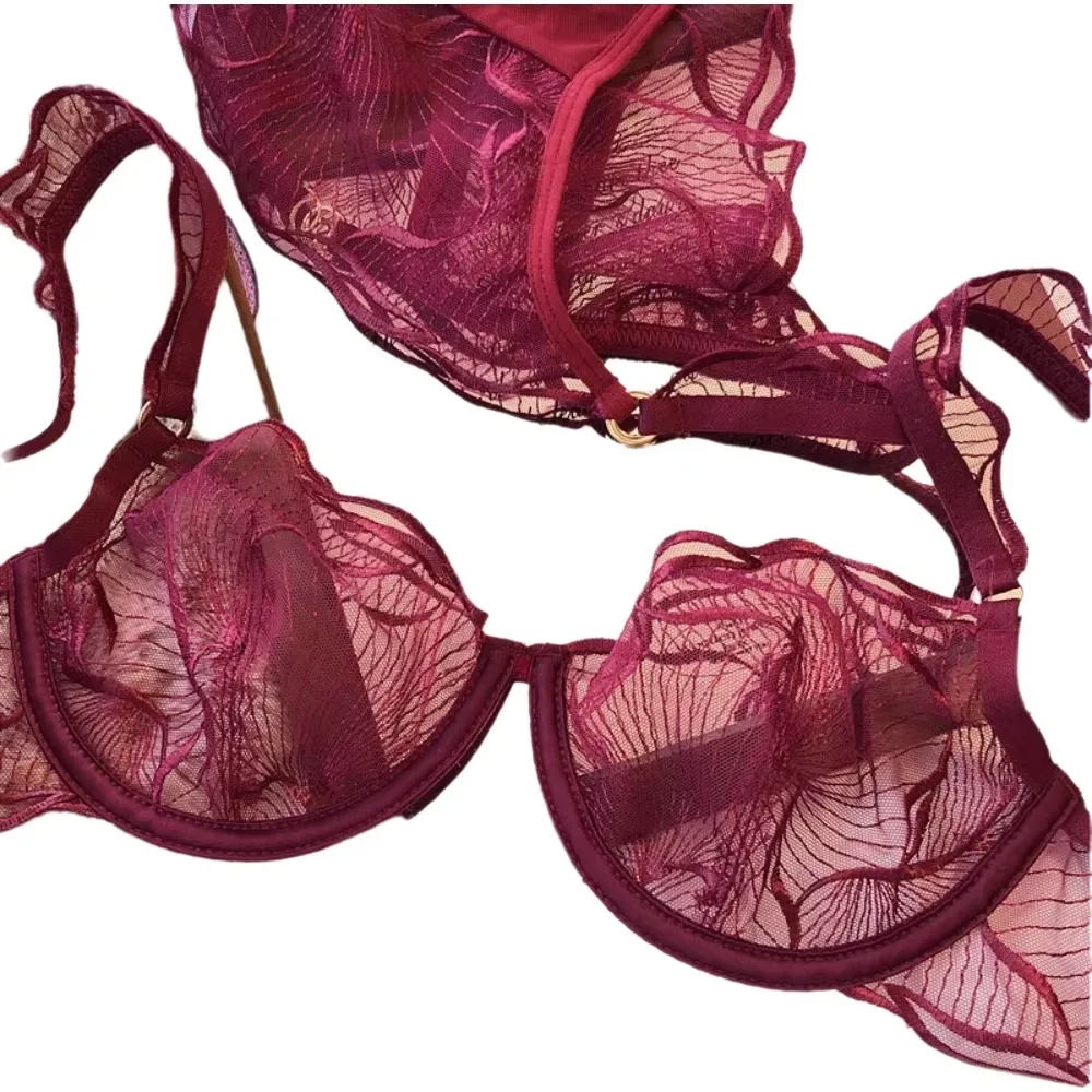 Französisches Spitzen-BH-Set mit Stickerei, Minimizer-BH, durchsichtig, ultradünn, Damen-BH, Dessous, Unterwäsche, zarter Griff, 32-38AB, sexy