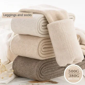 Winter Frauen Leggings Samt Warme Dünne Hosen mit Socken Hohe Taille Verdickte Baumwolle Elastische Dünne Feste Haferflocken Leggings Frauen