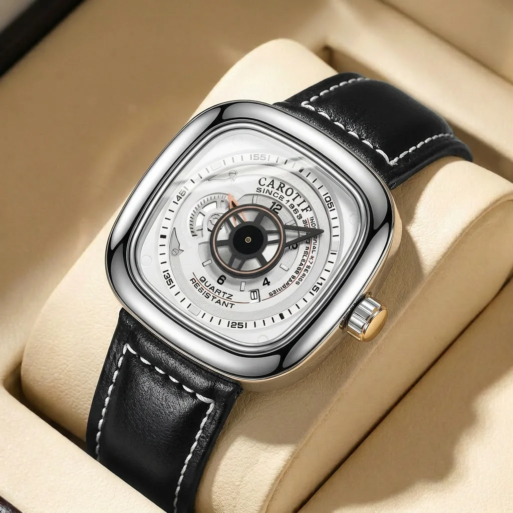 Montre à Quartz pour hommes, cadran blanc, bracelet en cuir, Vintage, mode, mince, rectangulaire, détails élégants, pour affaires, fête, vacances, 1 pièce