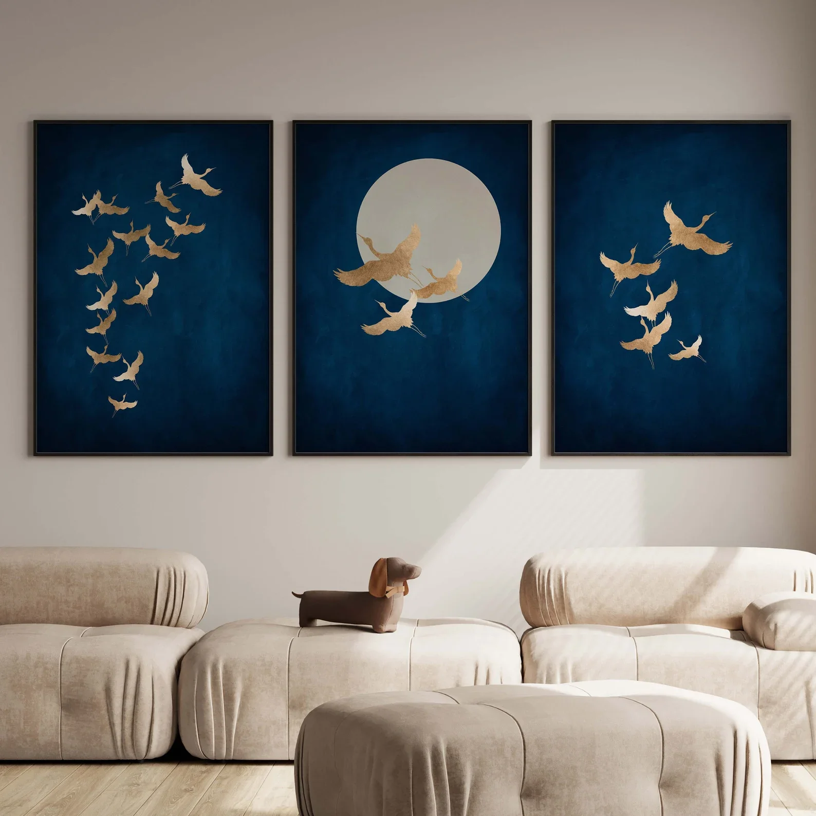 3PCS frameless decorative art print,3PCS Blue and Gold Cranes Poster  Japanese Wall Art  Japandi Art  Tsuru Cranes Birds Print