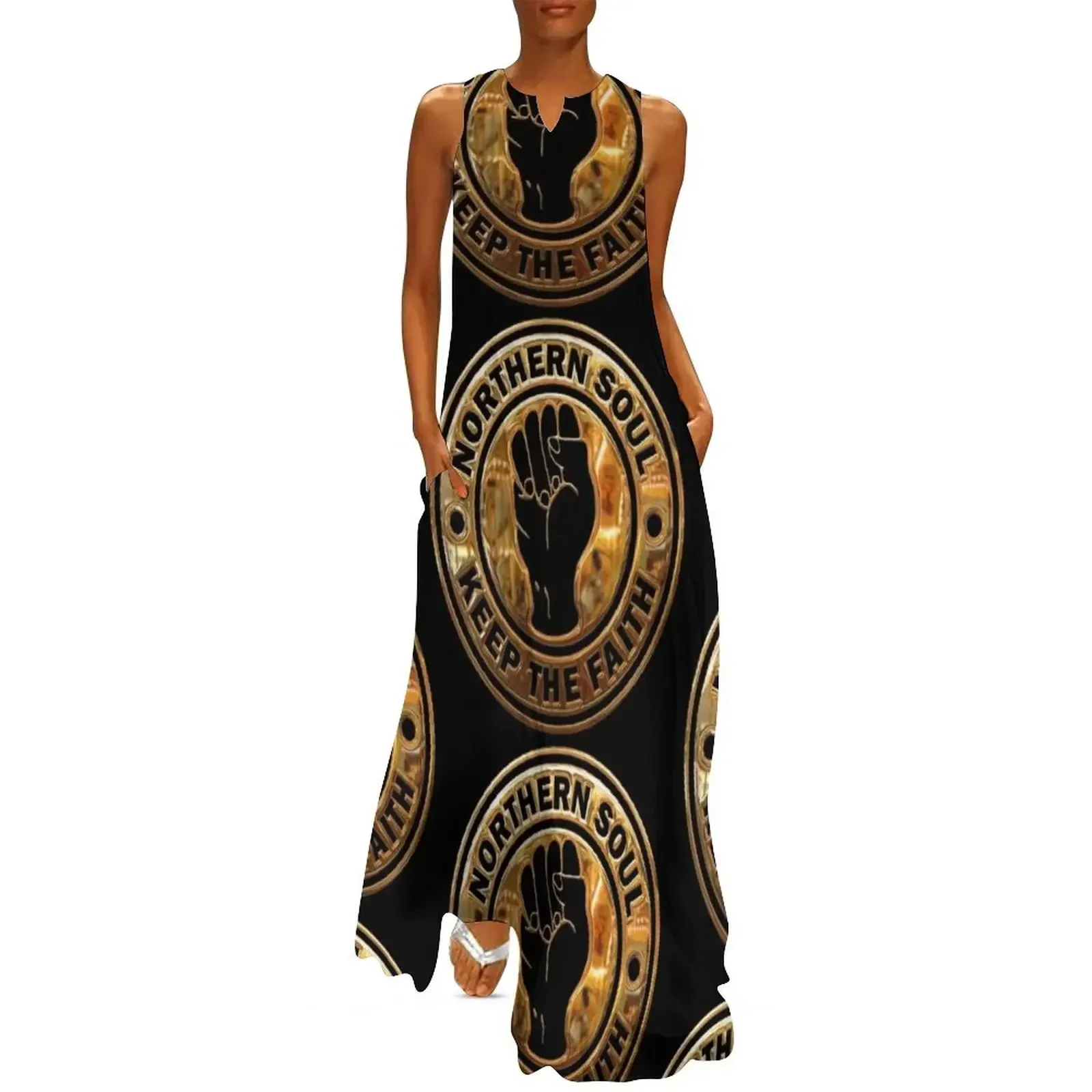 

Northern Soul Keep The Faith Logo Gold and Black Long Dress chic and elegant evening dress Dress