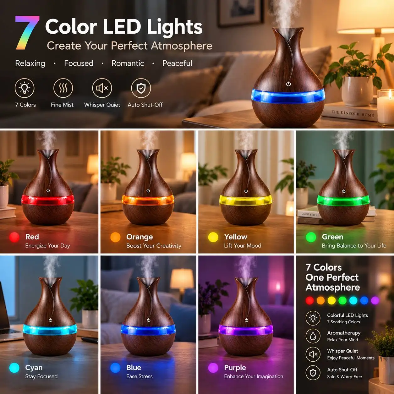 HONSUN Humidifier , Wood Grain Vase-Shaped Cool Mist Ultrasonic Humidifier for Home Bedroom Office, Quiet Desktop Humidifier with 7 Color LED Night Light, Auto Shut-Off, Aesthetic Gift for Yoga Spa