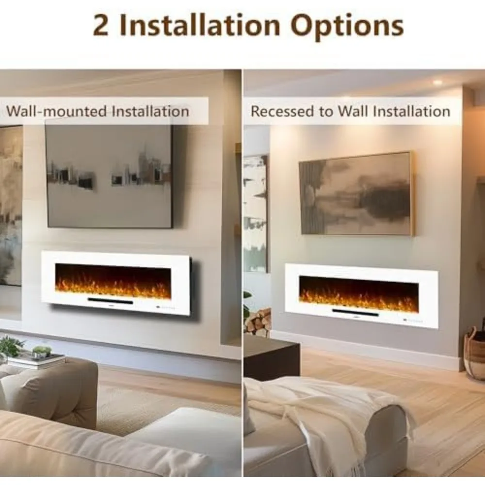 50-Inch Electric Fireplace Heater, Wall-Mounted with Remote Control, 750W/1500W Thermostat, and Multicolor Flame Options