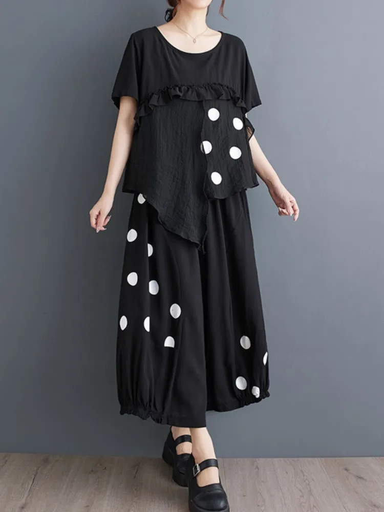 Oversized Polka Dot Print Summer 2 Two Piece Set Women Irregular Fashion Ladies Blouses Casual Loose Pleated Woman Lantern Pants