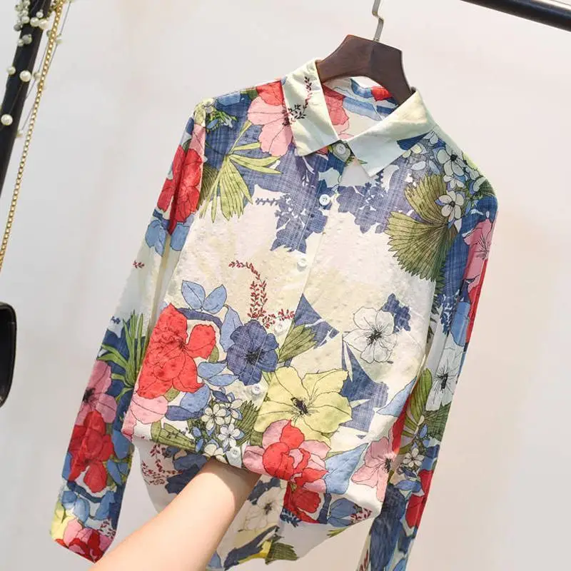 Cotton Linen Colourful Floral Pattern Asymmetry Printing Single Breasted Thin Vintage Shirt Popular Chic Long Sleeve Female Slim