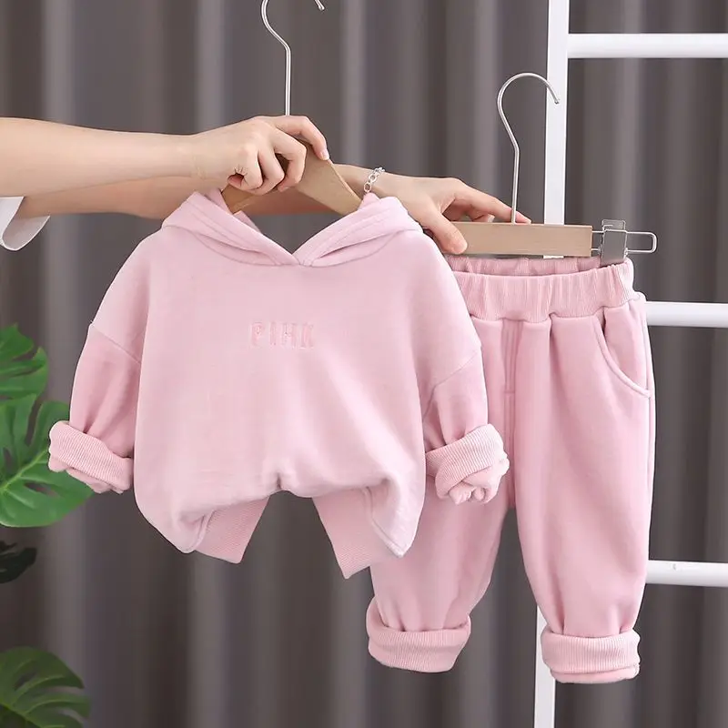 Autumn Winter New Baby Girls Clothing Set Lining Plush Thick Cartoon Rabbit Ear Hoodie+Pants 2Pcs For 1-6Y Kids Warm Casual Suit