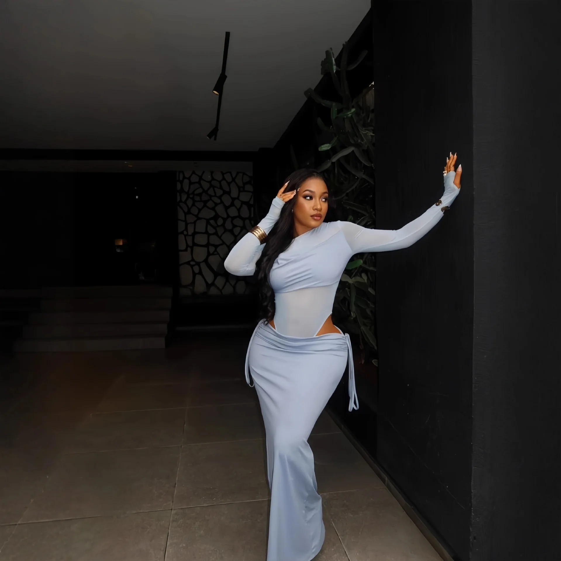 

Light Blue Dress Women's Suit Slim Fit Sexy Bodycon 2pcs Set Long Sleeve Jumpsuit+lace-up Skirt Two-piece Set Woman Skirt Outfit