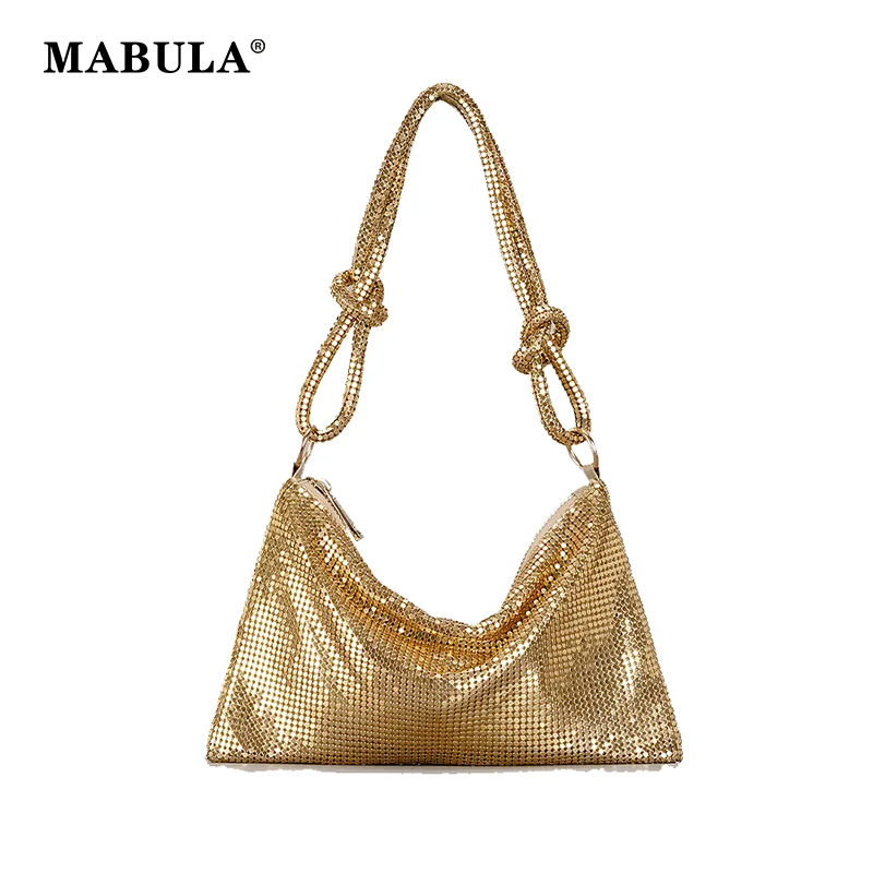 

MABULA Gold Glossy Metallic Glitter Handbag Luxury Design Delicate Clutch Phone Bag For Party Fashion Underarm Shoulder Purse