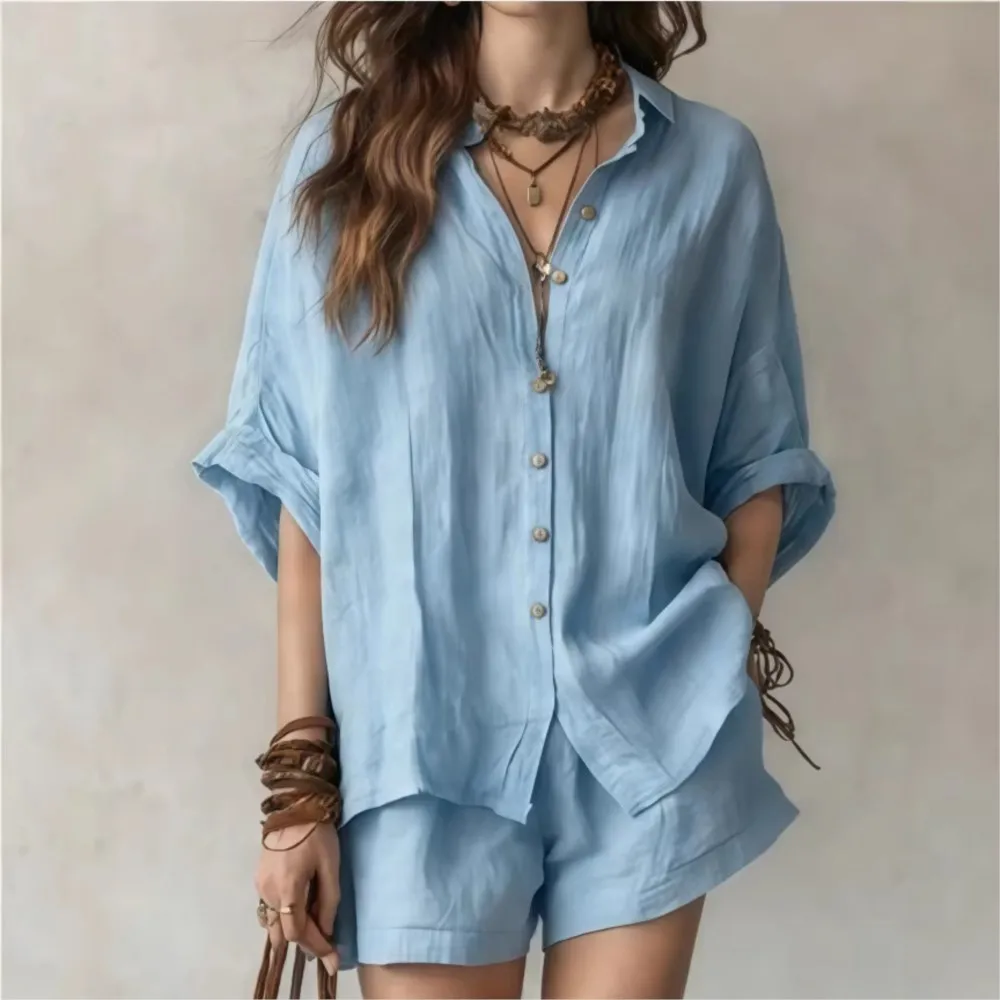 

Летний новый белый свободный комплект из рубашки и шорт на одной пуговице, модный повседневный костюм с карманами для женщин, для отдыха на море