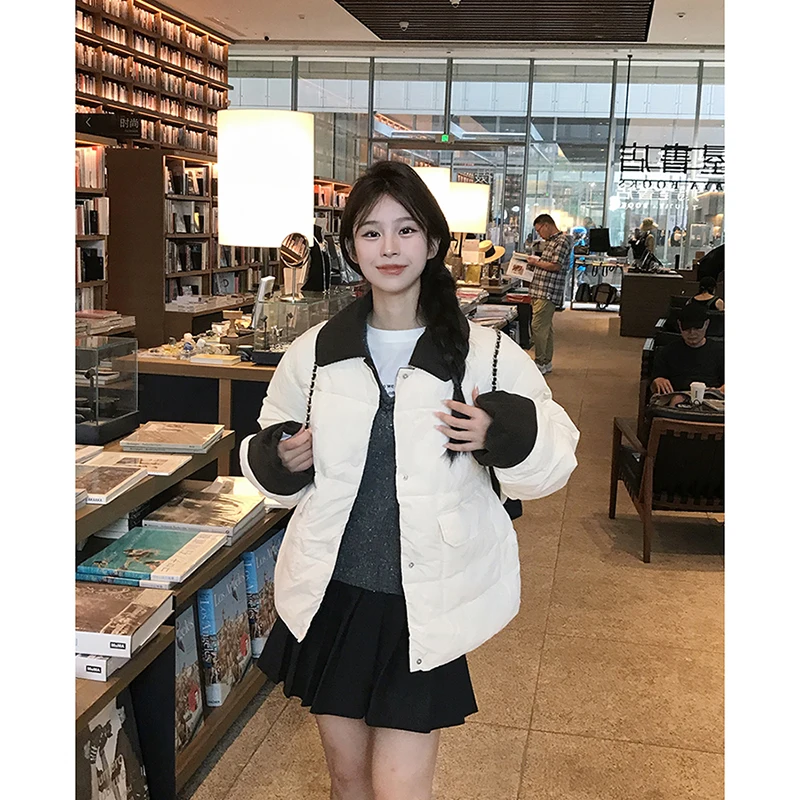 2024 Winter Women's Down Puffer Jackets Baggy Thickening Warm Flip Collar Korean Clothing Boutique Clothes Cotton Padded Coats