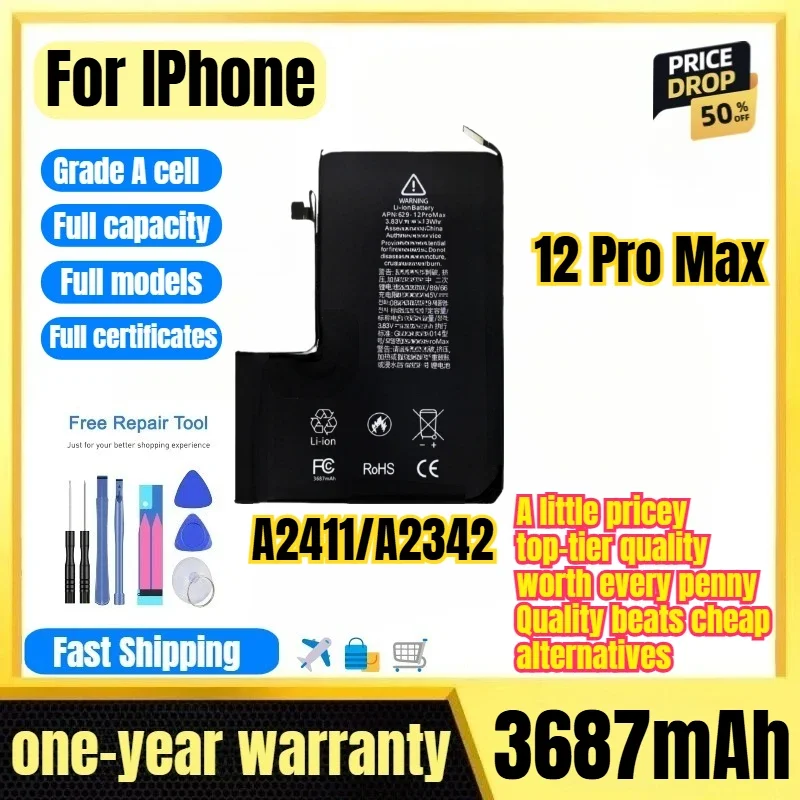 A2411/A2342 for IPhone 12 Pro Max Phone Battery No Pop-up Interruptions Health 100% Replacement Bateria Grade A Cell with Tools