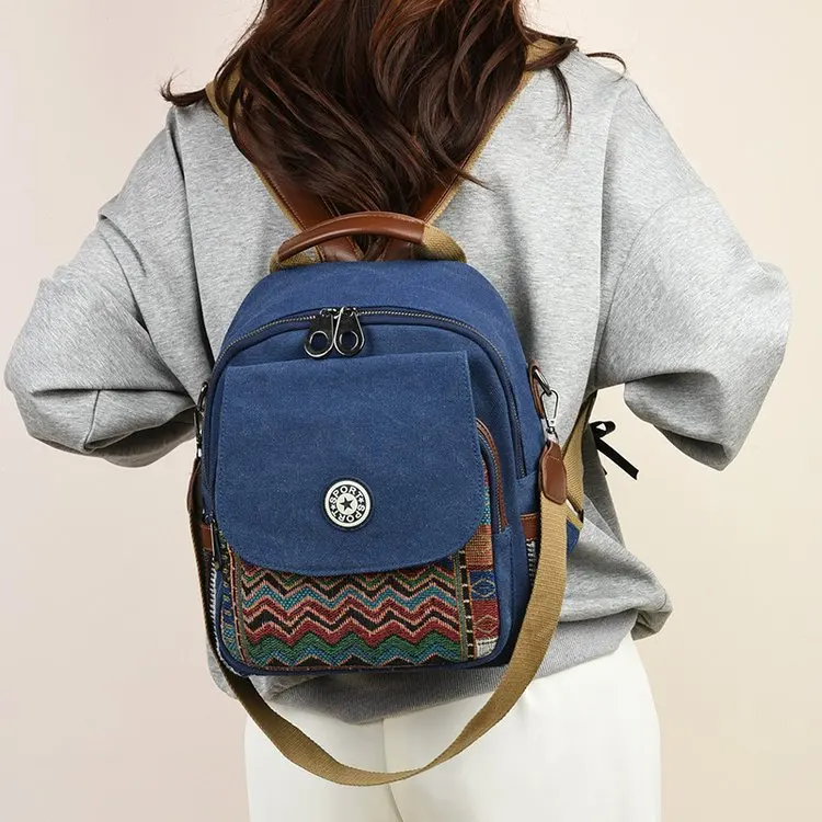 

​​Botanical Embroidered Denim Rucksack Women Adjustable Crossbody Backpack Ethnic Print Multifunction Travel Weekender System​​
