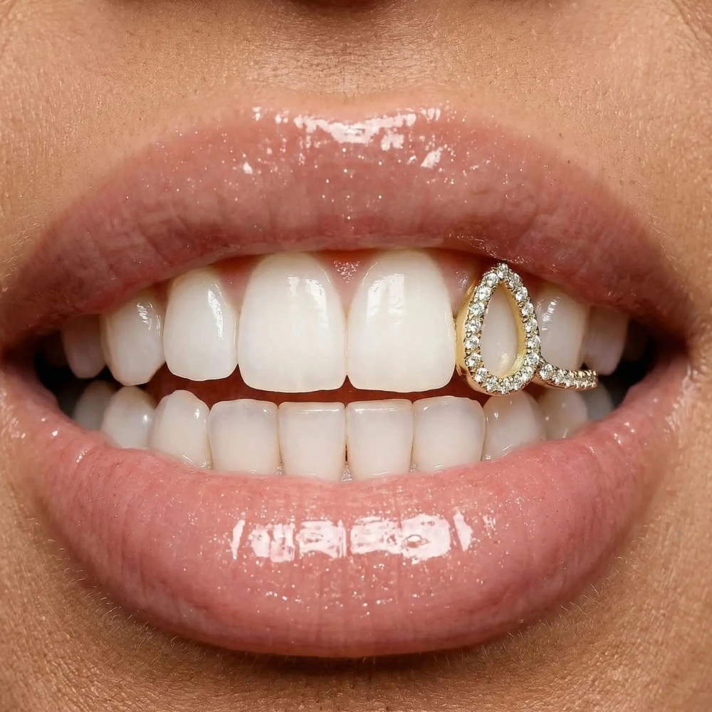 Gold Silver Horizontal Bar Hollow Flame Zircon Grillz Hip Hop CZ Stone Teeth Tooth Grills for Women And Men Jewelry