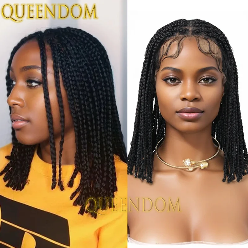 

Queendom 10 Inch Synthetic Dreadlock Wig Knotless Box Braided Crochet Short Bob Wig Full Lace Glueless Cornrow Plait Braids Wig