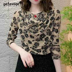 Women's Clothing Korean Fashion Vintage Floral Printed Mesh Basic T-shirts Elegant Casual O Neck Long Sleeve Slim Pullover Tops