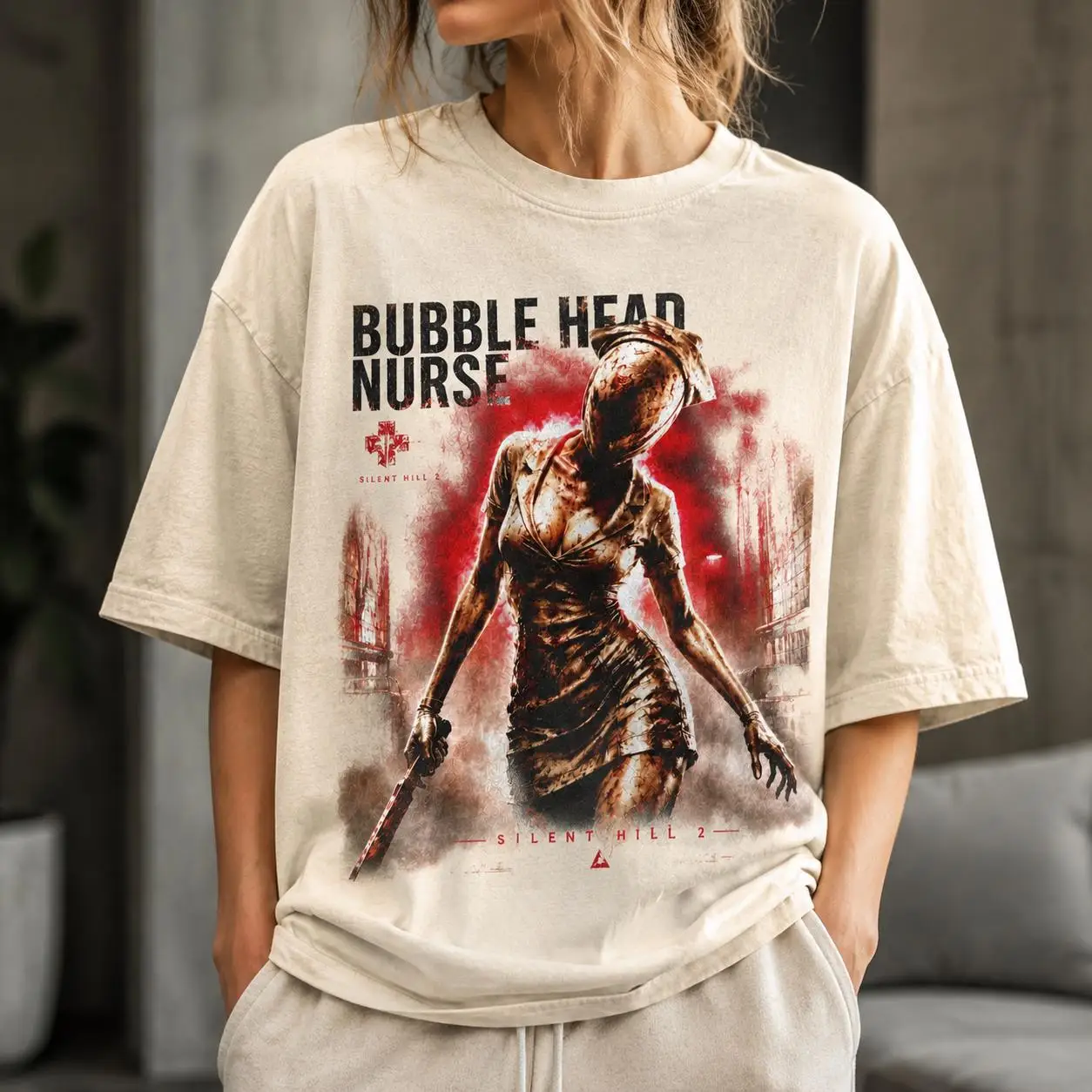 Silent Hill 2 Bubble Head Krankenschwester Horror-Spiel-Muster T-Shirt für Männer und Frauen, Alltagskleidung, lässiger Street-Style – Detail 3