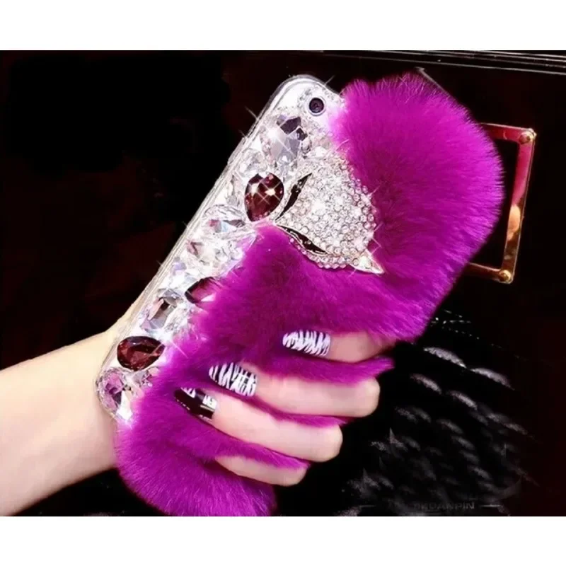 Luxury Bling Diamond Soft Rabbit Fur Case, Fox Head Cover for Samsung A35, A55, A70S, A32, A52, A71, A51, A72, A73, A53, A33